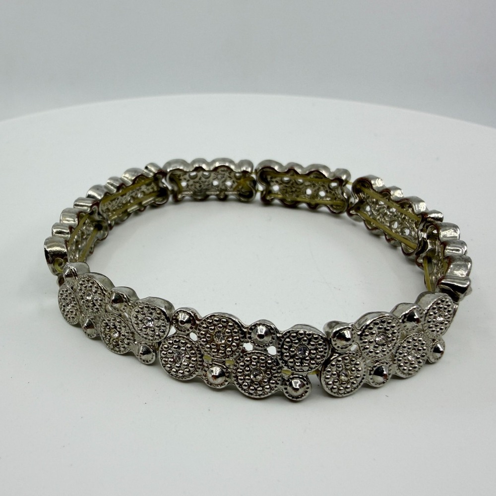 Silver Tone Textured Stretch Bracelet Rhinestone Accent Statement Jewelry Gift